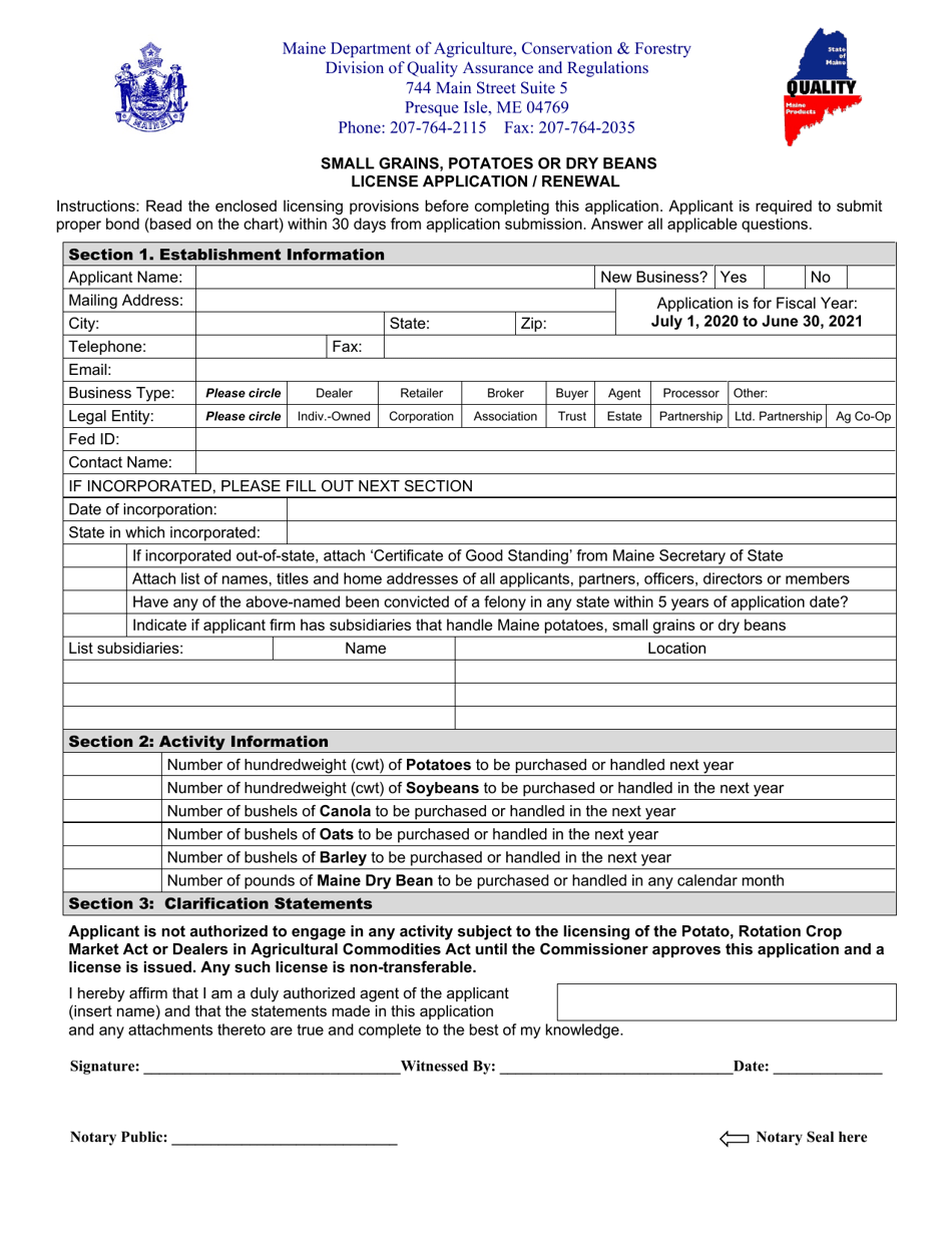 Small Grains, Potatoes or Dry Beans License Application / Renewal - Maine, Page 1