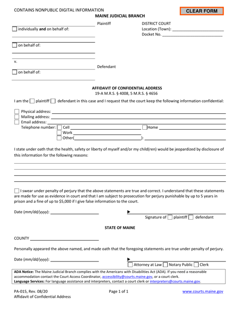 Form PA-015 Affidavit of Confidential Address - Maine