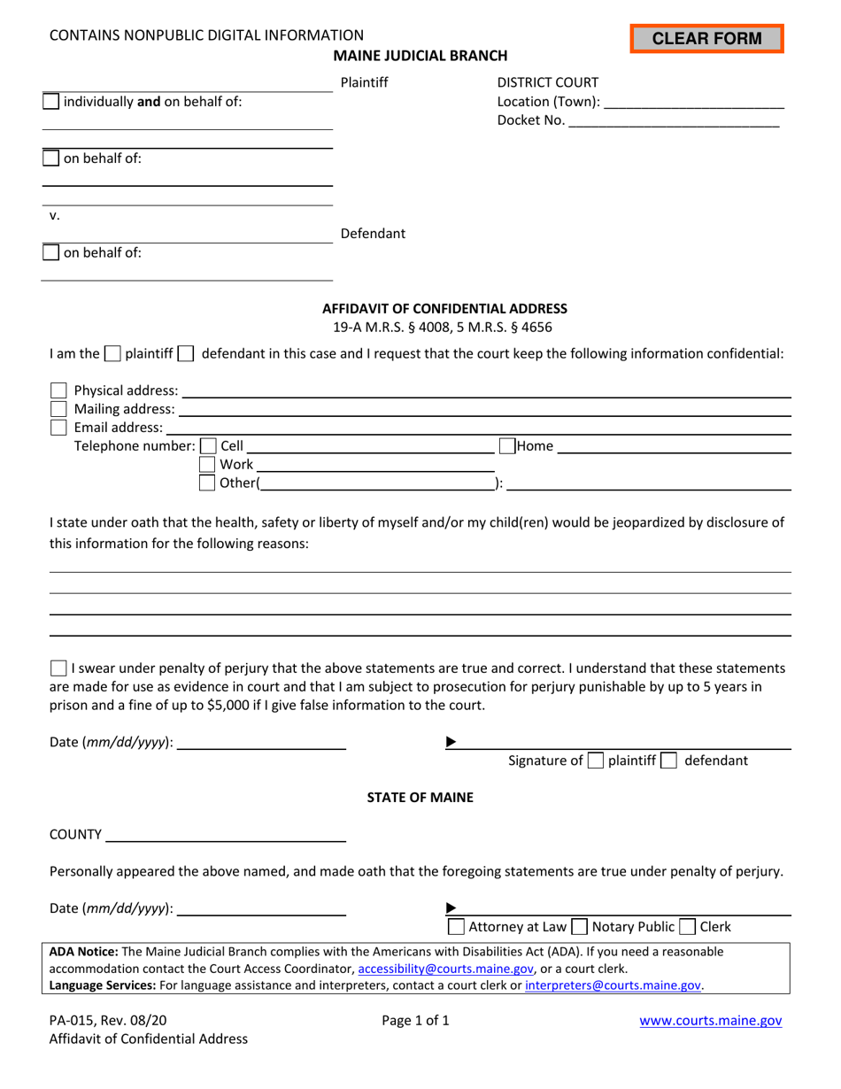 Form PA-015 Affidavit of Confidential Address - Maine, Page 1