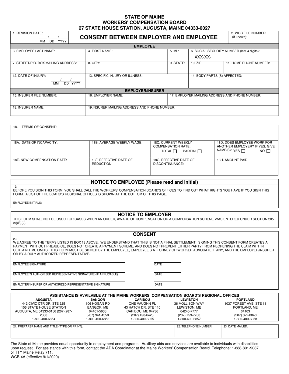 Form WCB-4A Consent Between Employer and Employee - Maine, Page 1