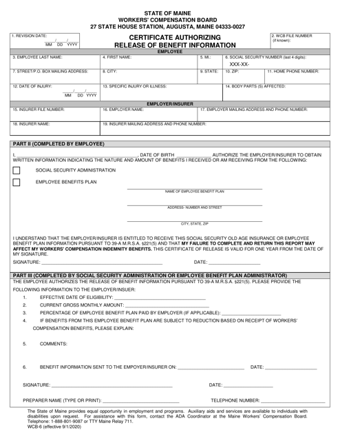 Form WCB-6 Certificate Authorizing Release of Benefit Information - Maine