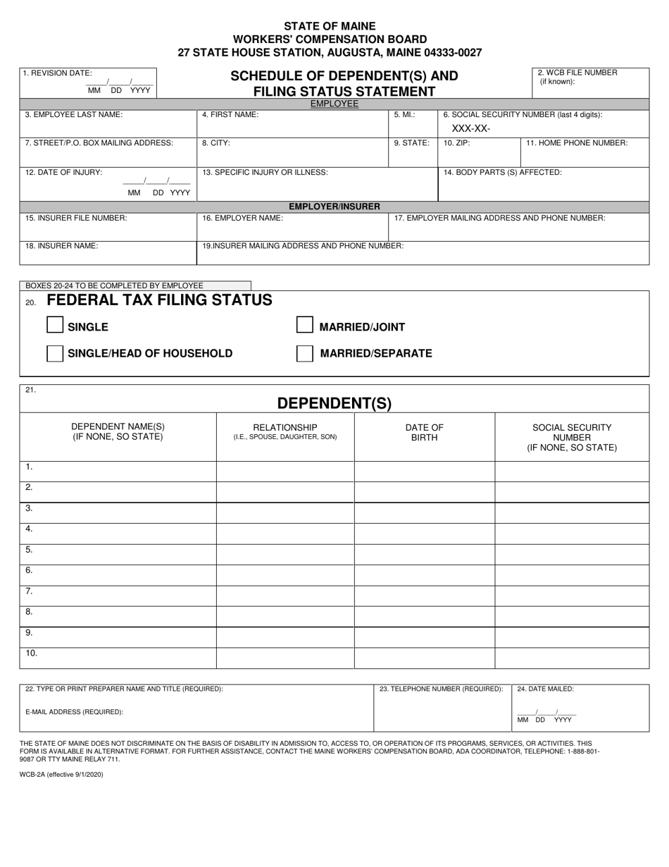 Form WCB-2A Schedule of Dependent(s) and Filing Status Statement - Maine, Page 1