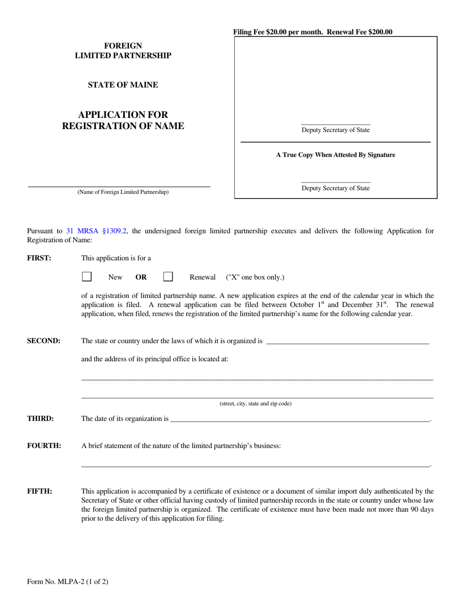 Form MLPA-2 Foreign Limited Partnership Application for Registration of Name - Maine, Page 1