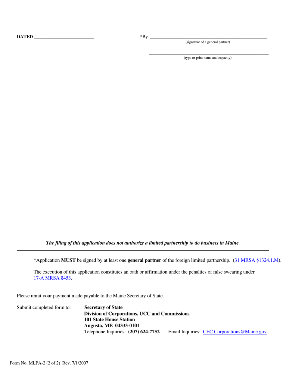 Form MLPA-2 Foreign Limited Partnership Application for Registration of Name - Maine, Page 2
