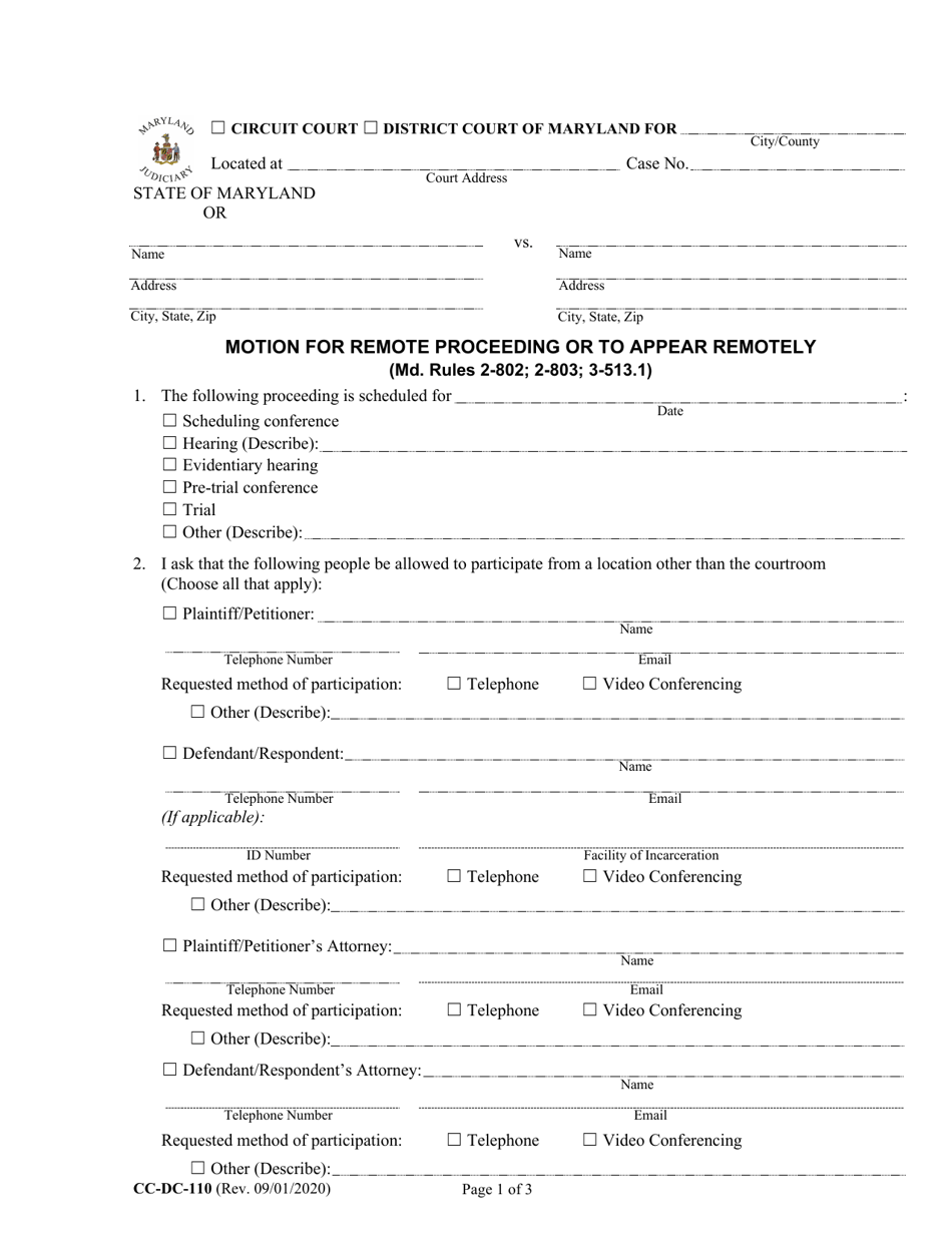 Form CC-DC-110 Motion for Remote Proceeding or to Appear Remotely - Maryland, Page 1
