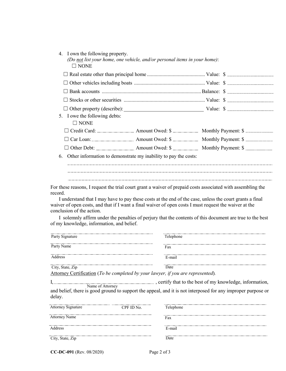 Form CC-DC-091 Request for Waiver of Prepaid Costs for Assembling the Record for an Appeal - Maryland, Page 2