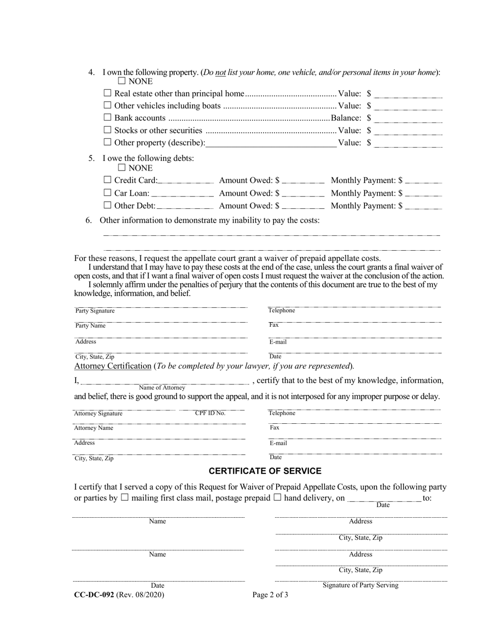 Form CC-DC-092 Request for Waiver of Prepaid Appellate Costs - Maryland, Page 2
