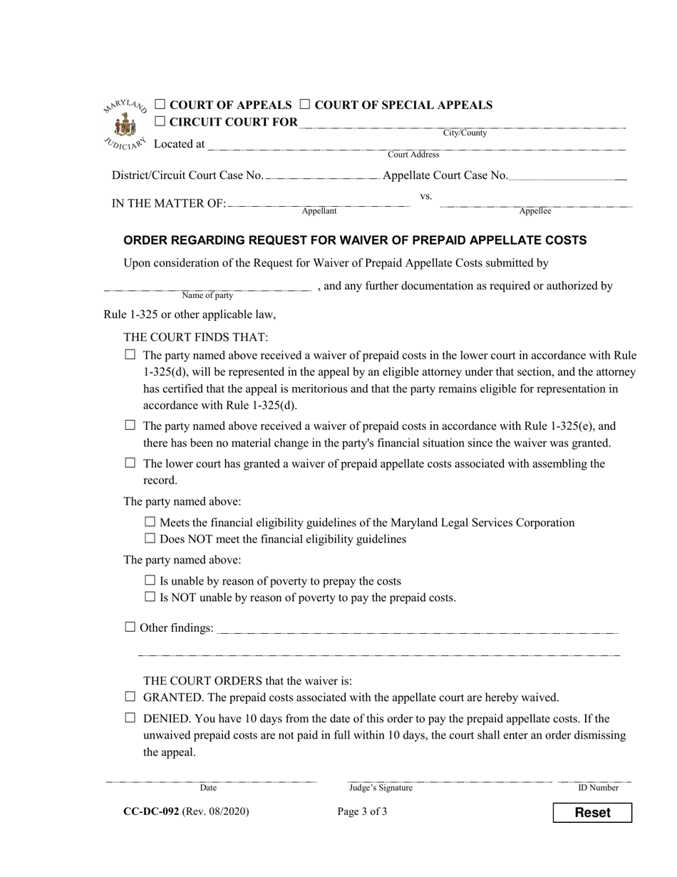 Form CC-DC-092 Request for Waiver of Prepaid Appellate Costs - Maryland, Page 3