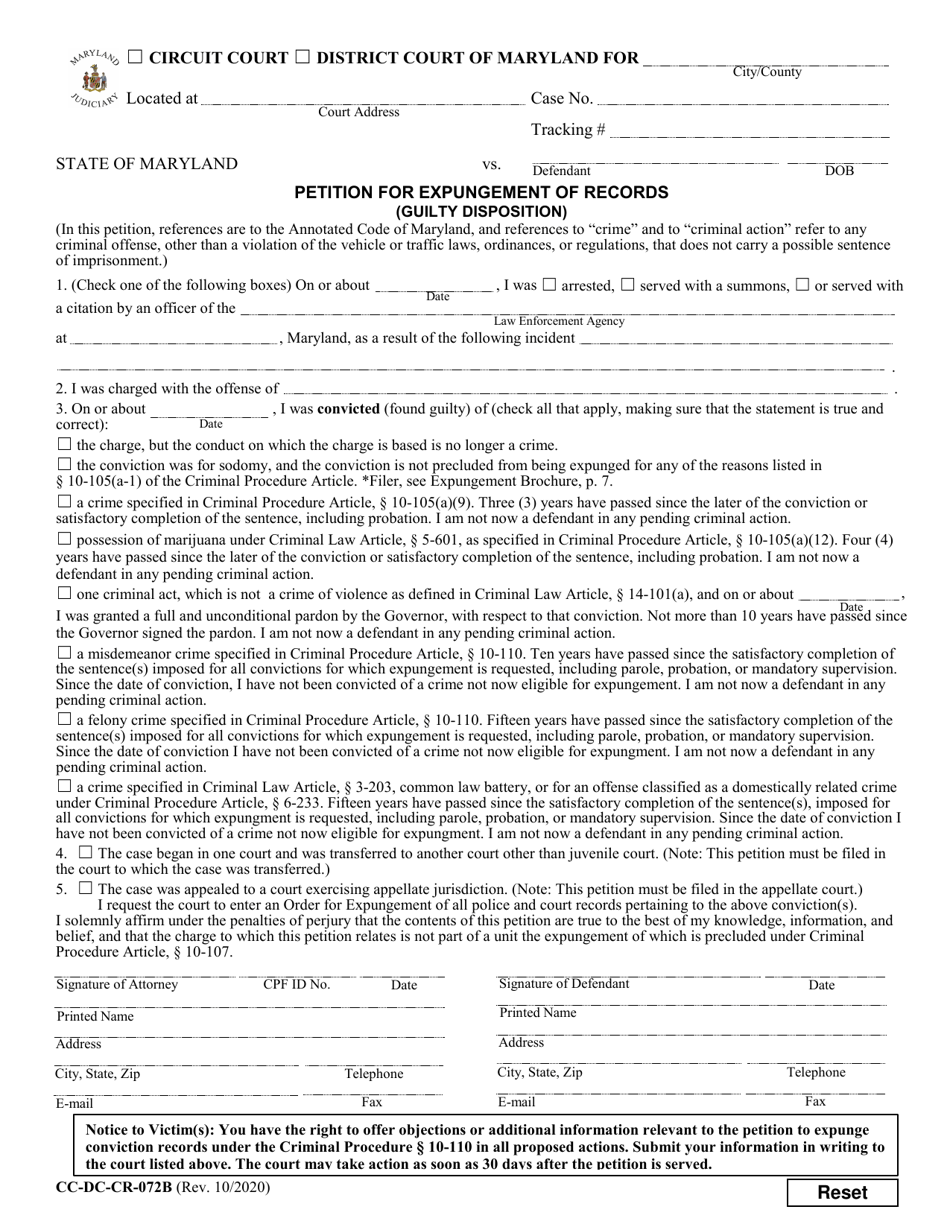 Form CC-DC-CR-072B Petition for Expungement of Records (Guilty Disposition) - Maryland, Page 1