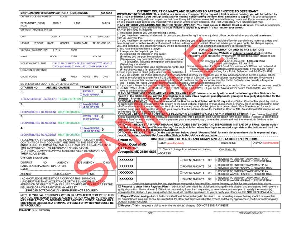 Form DR-049E Maryland Uniform Complaint and Citation - Maryland, Page 1