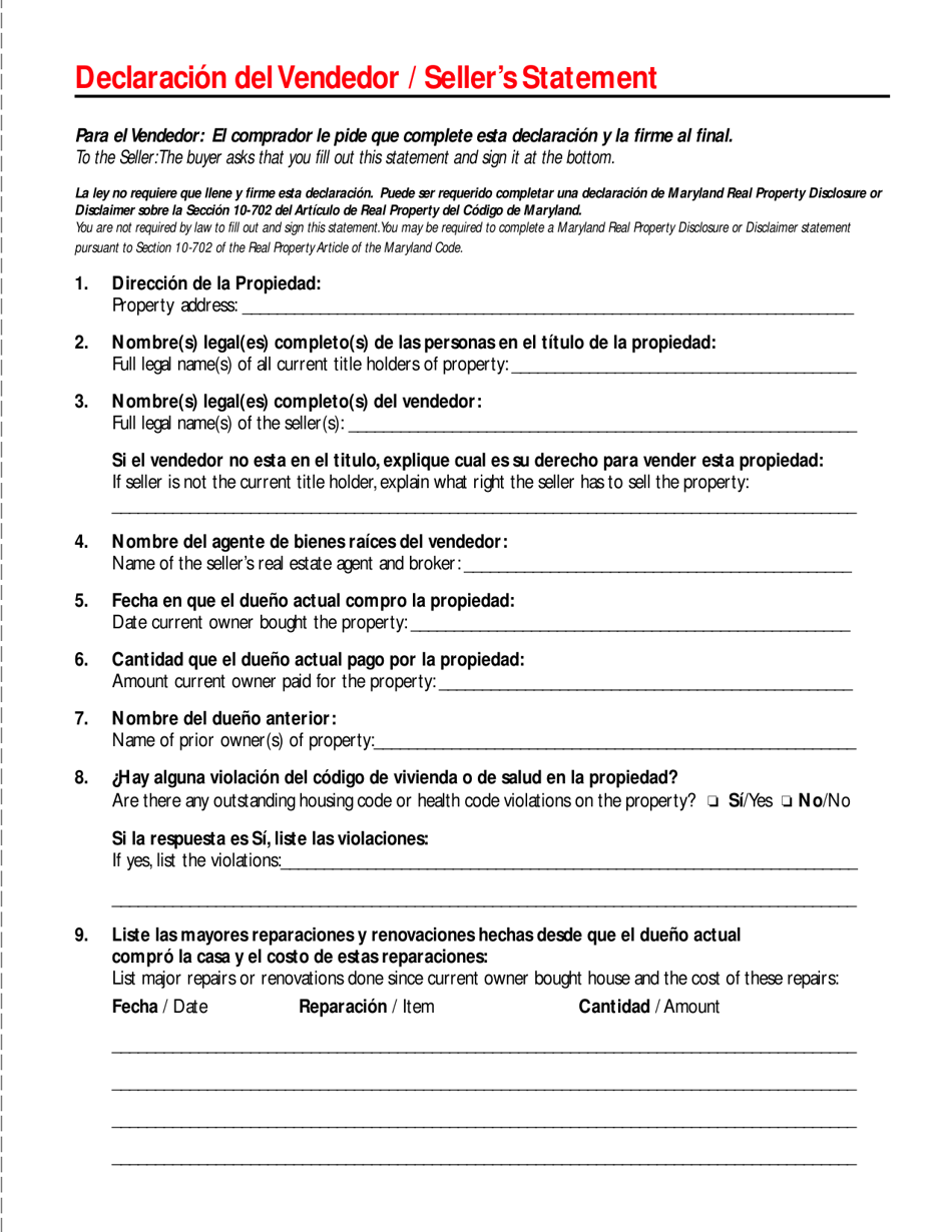 Sellers Statement - Maryland (English / Spanish), Page 4