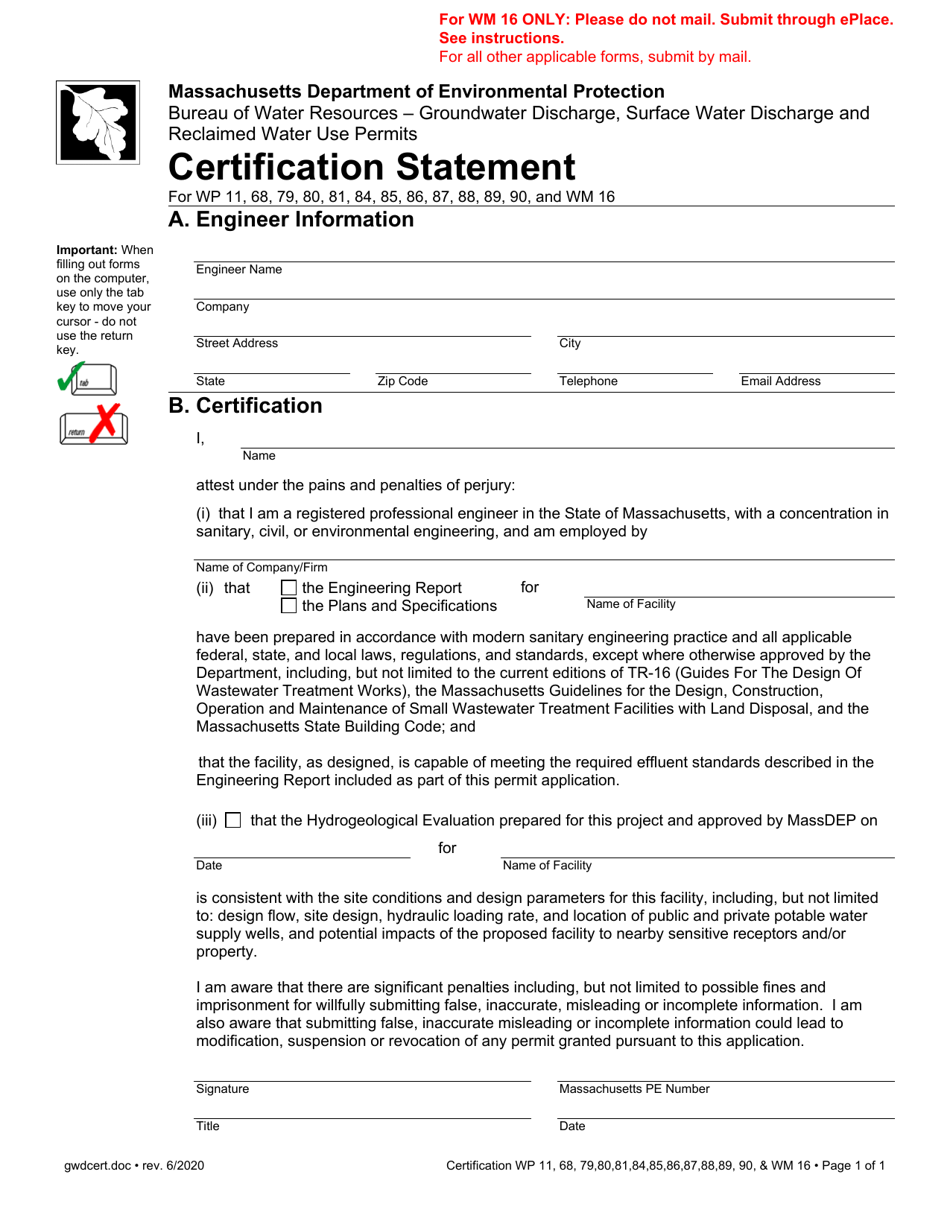 Certification Statement for Groundwater Discharge, Surface Water Discharge  Reclaimed Water Use Permits - Massachusetts, Page 1