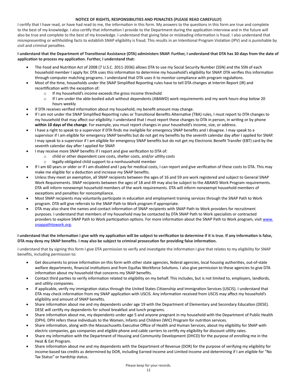 Form SNAPA-1 Snap Benefits Application - Massachusetts, Page 12