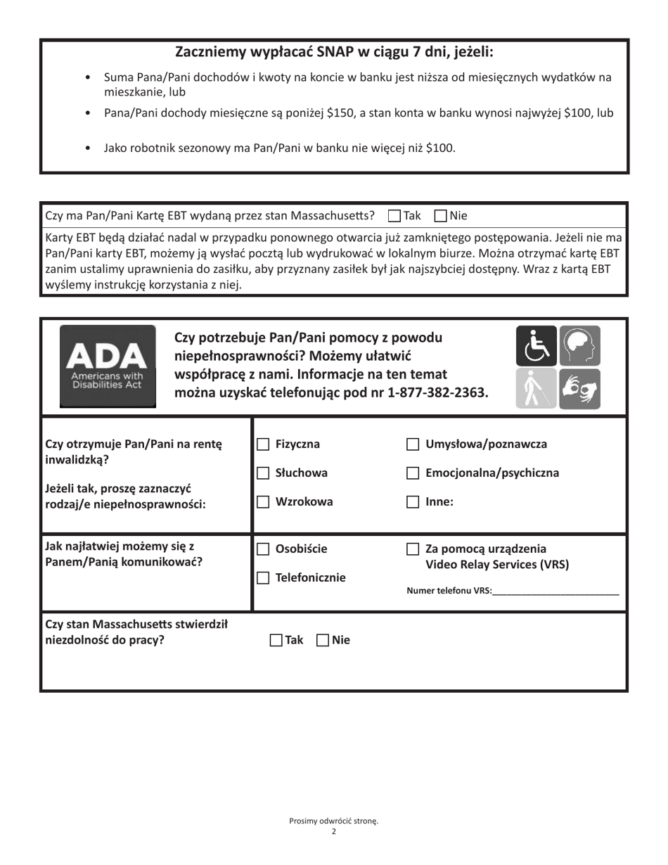 Form SNAPA-1 Snap Benefits Application - Massachusetts (Polish), Page 2