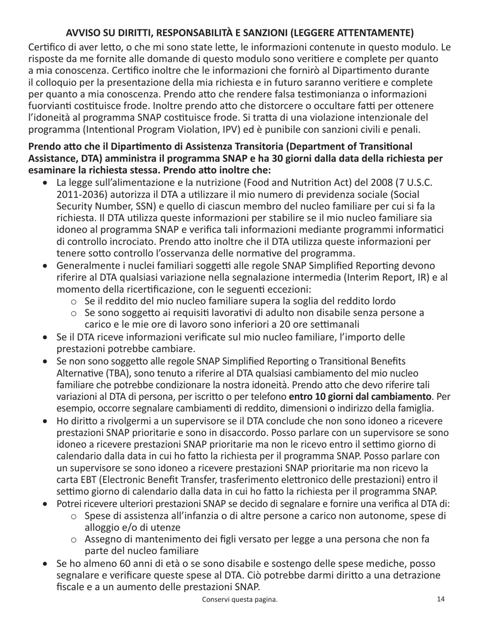 Form SNAP-APP-SENIORS Snap Benefits Application for Seniors - Massachusetts (Italian), Page 14