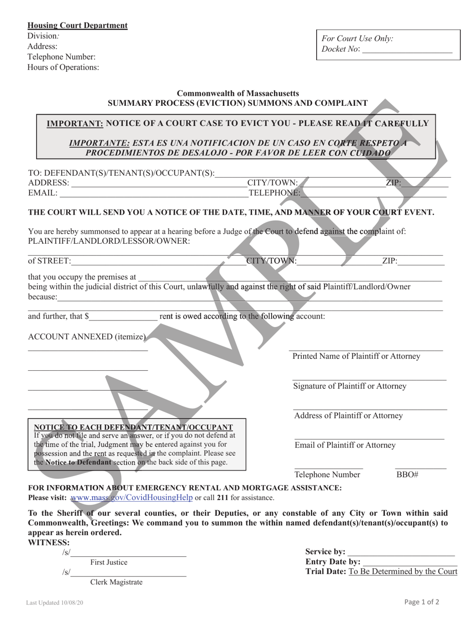 Summary Process (Eviction) Summons and Complaint - Massachusetts, Page 1