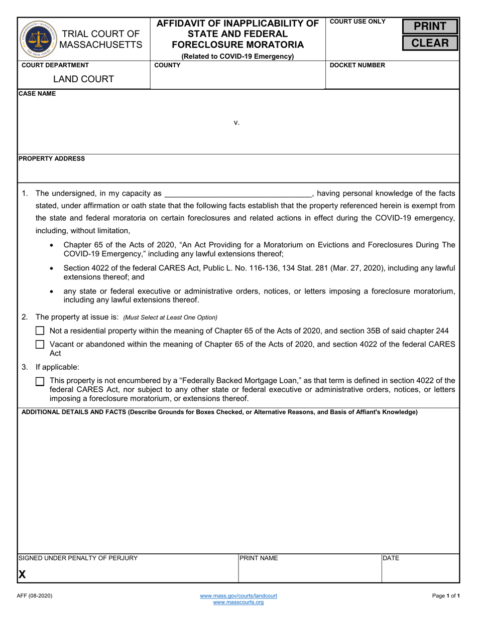 Form AFF Affidavit of Inapplicability of State and Federal Foreclosure Moratoria - Massachusetts, Page 1