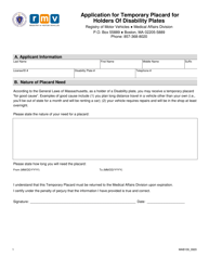 Form MAB109 Application for Temporary Placard for Holders of Disability Plates - Massachusetts