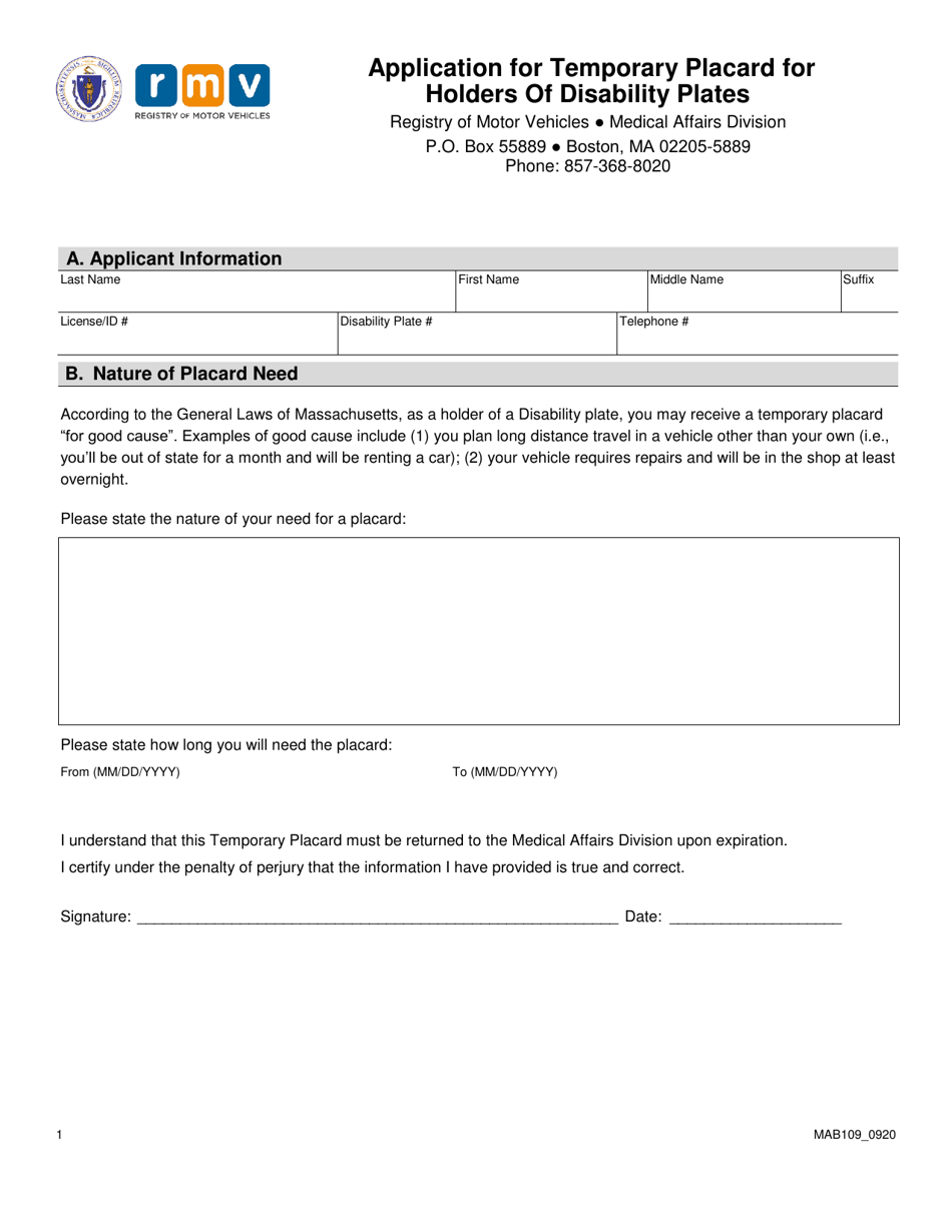 Form MAB109 Application for Temporary Placard for Holders of Disability Plates - Massachusetts, Page 1