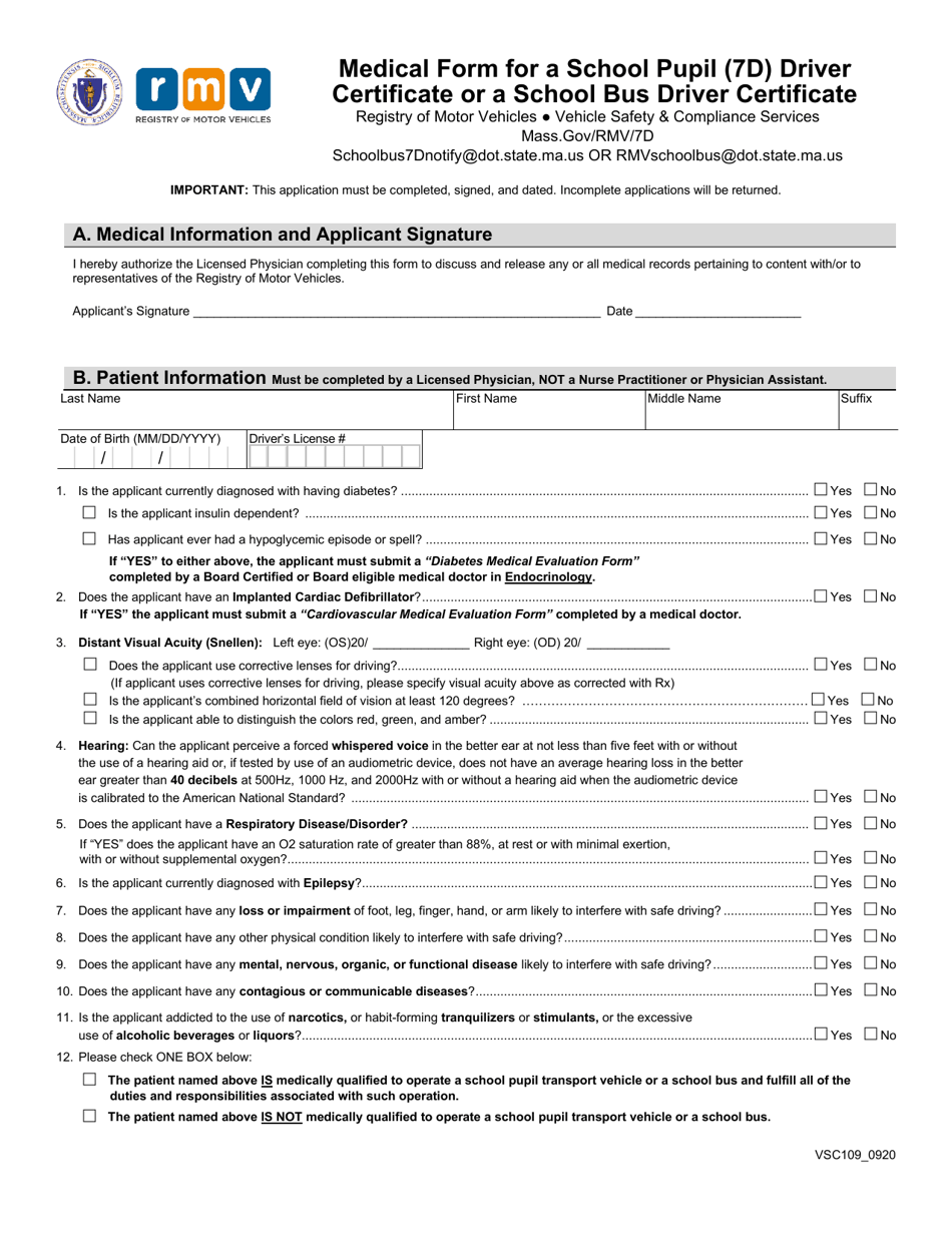 Form VSC109 Medical Form for a School Pupil (7d) Driver Certificate or a School Bus Driver Certificate - Massachusetts, Page 1