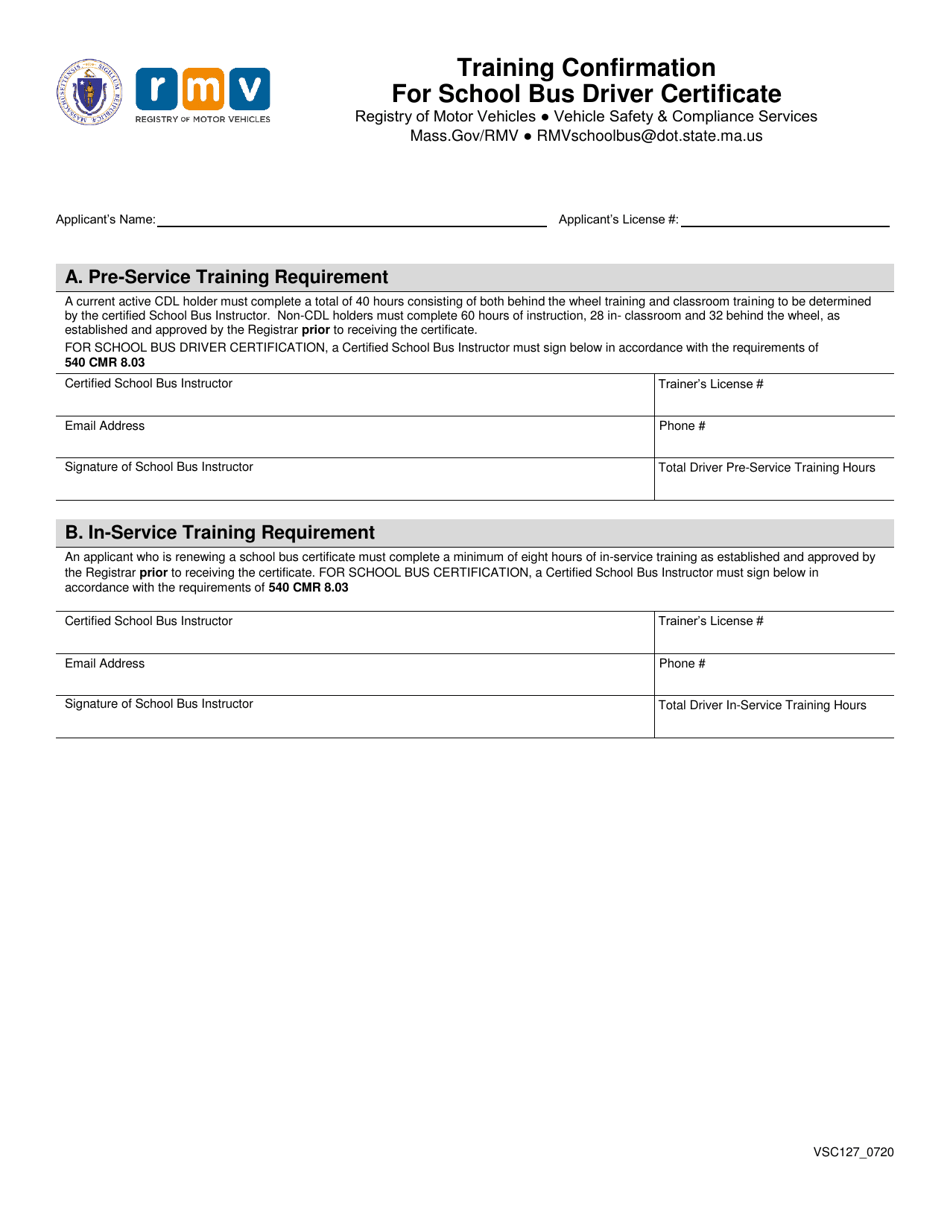 Form VSC127 Training Confirmation for School Bus Driver Certificate - Massachusetts, Page 1