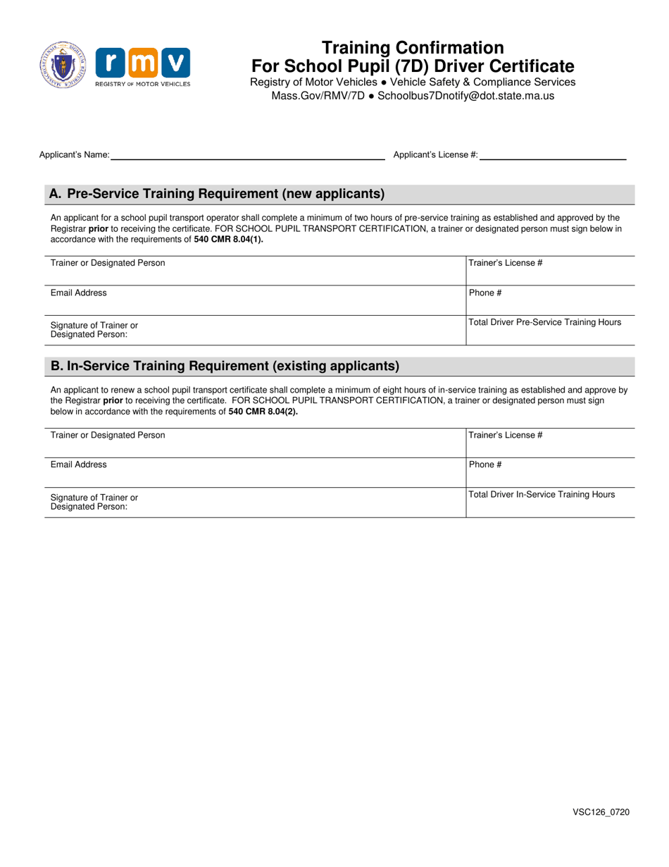 Form VSC126 Training Confirmation for School Pupil (7d) Driver Certificate - Massachusetts, Page 1