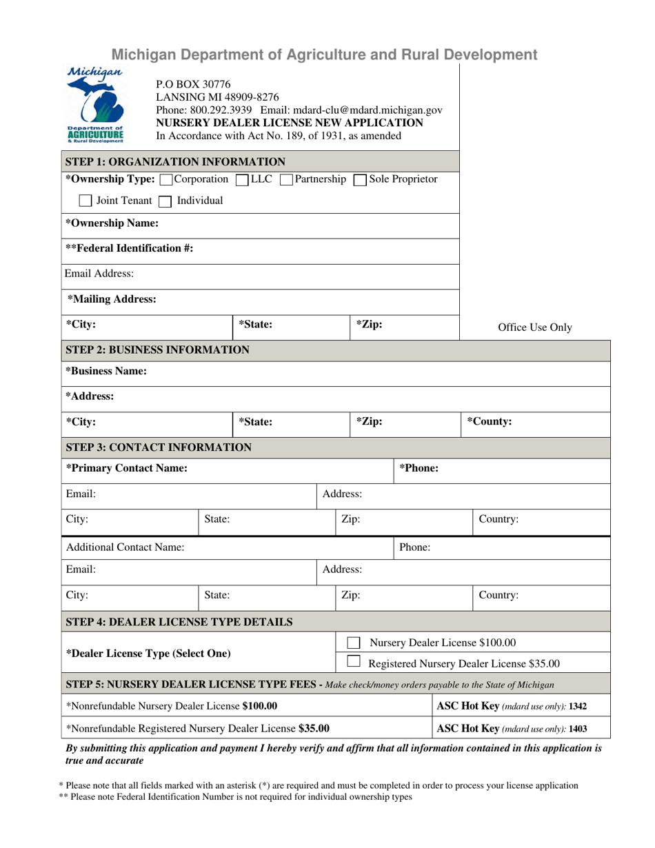 Michigan Nursery Dealer License New Application Fill Out, Sign Online and Download PDF