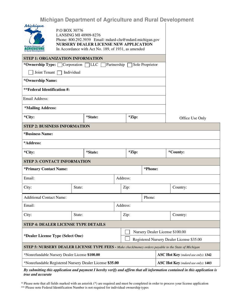 Nursery Dealer License New Application - Michigan, Page 1