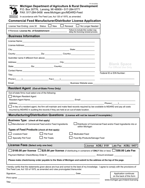 Form PI-134 Commercial Feed Manufacturer/Distributor License Application - Michigan