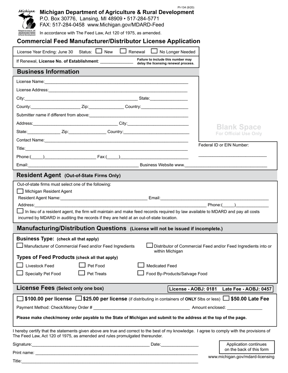 Form PI-134 Commercial Feed Manufacturer / Distributor License Application - Michigan, Page 1