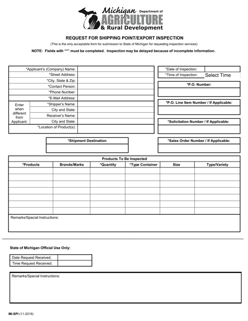 Form MI-SPI Request for Shipping Point/Export Inspection - Michigan