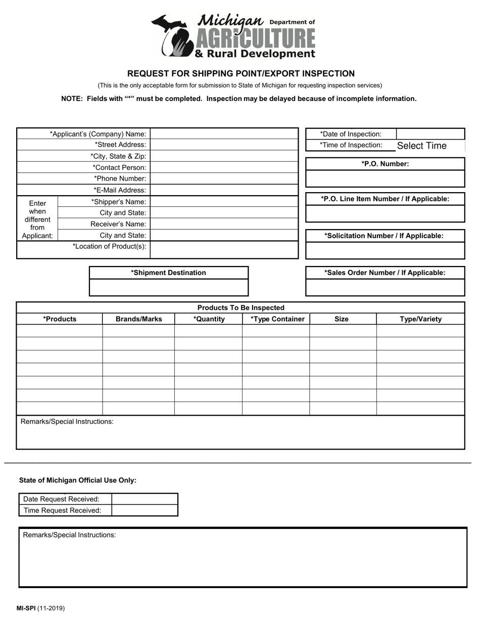 Form MI-SPI Request for Shipping Point / Export Inspection - Michigan, Page 1