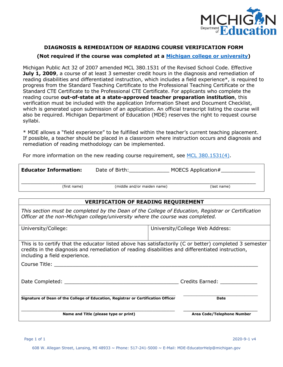Diagnosis  Remediation of Reading Course Verification Form - Michigan, Page 1