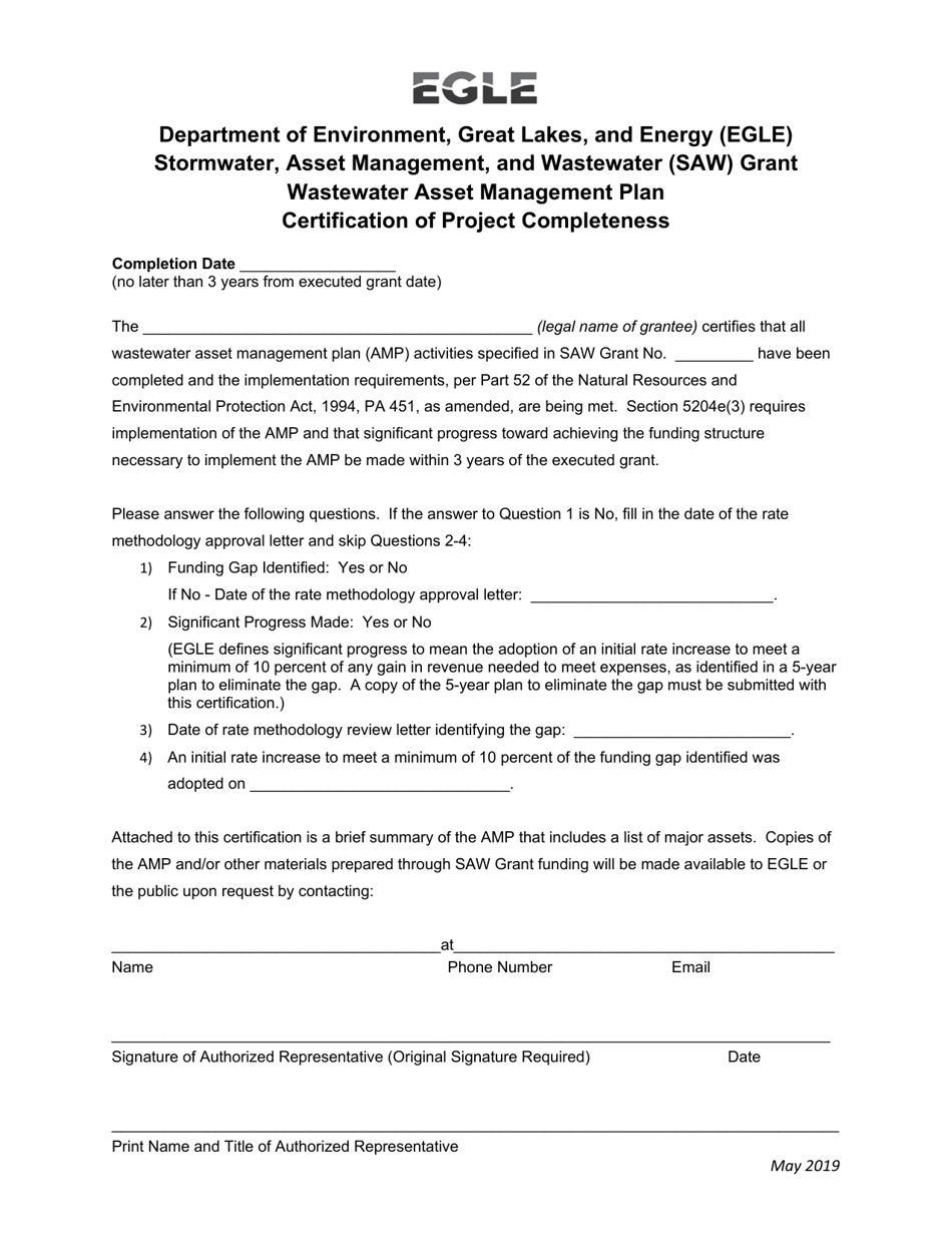 Stormwater, Asset Management, and Wastewater (Saw) Grant Wastewater Asset Management Plan Certification of Project Completeness - Michigan, Page 1