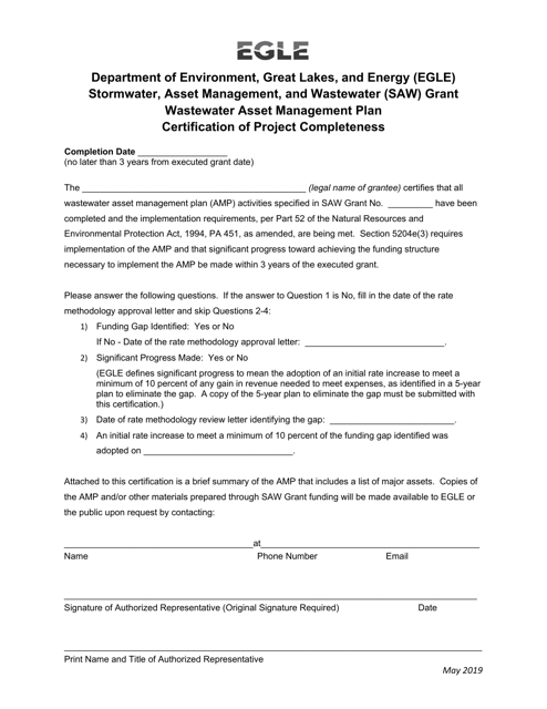Stormwater, Asset Management, and Wastewater (Saw) Grant Wastewater Asset Management Plan Certification of Project Completeness - Michigan Download Pdf