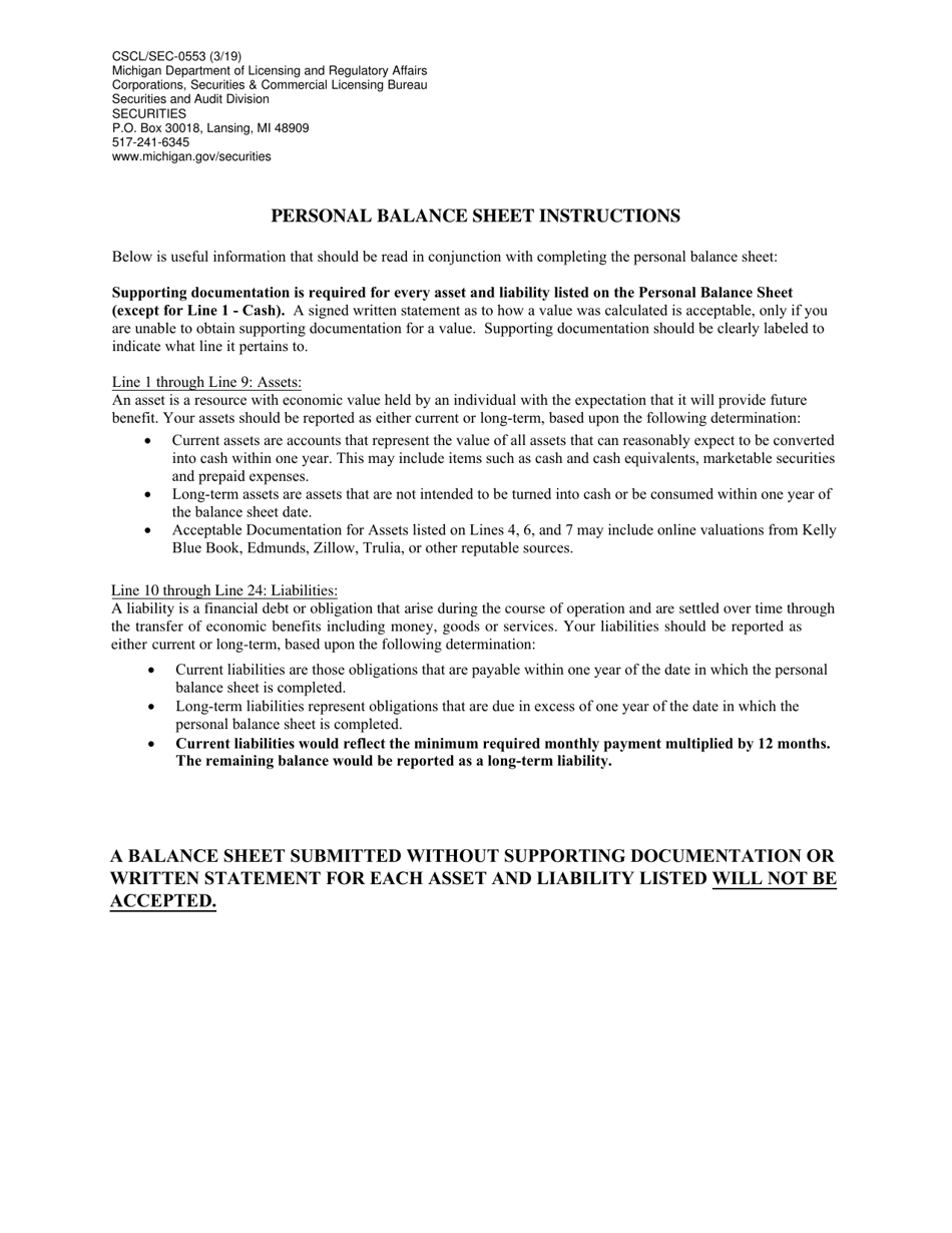 Form CSCL / SEC-0553 Personal Balance Sheet - Michigan, Page 2
