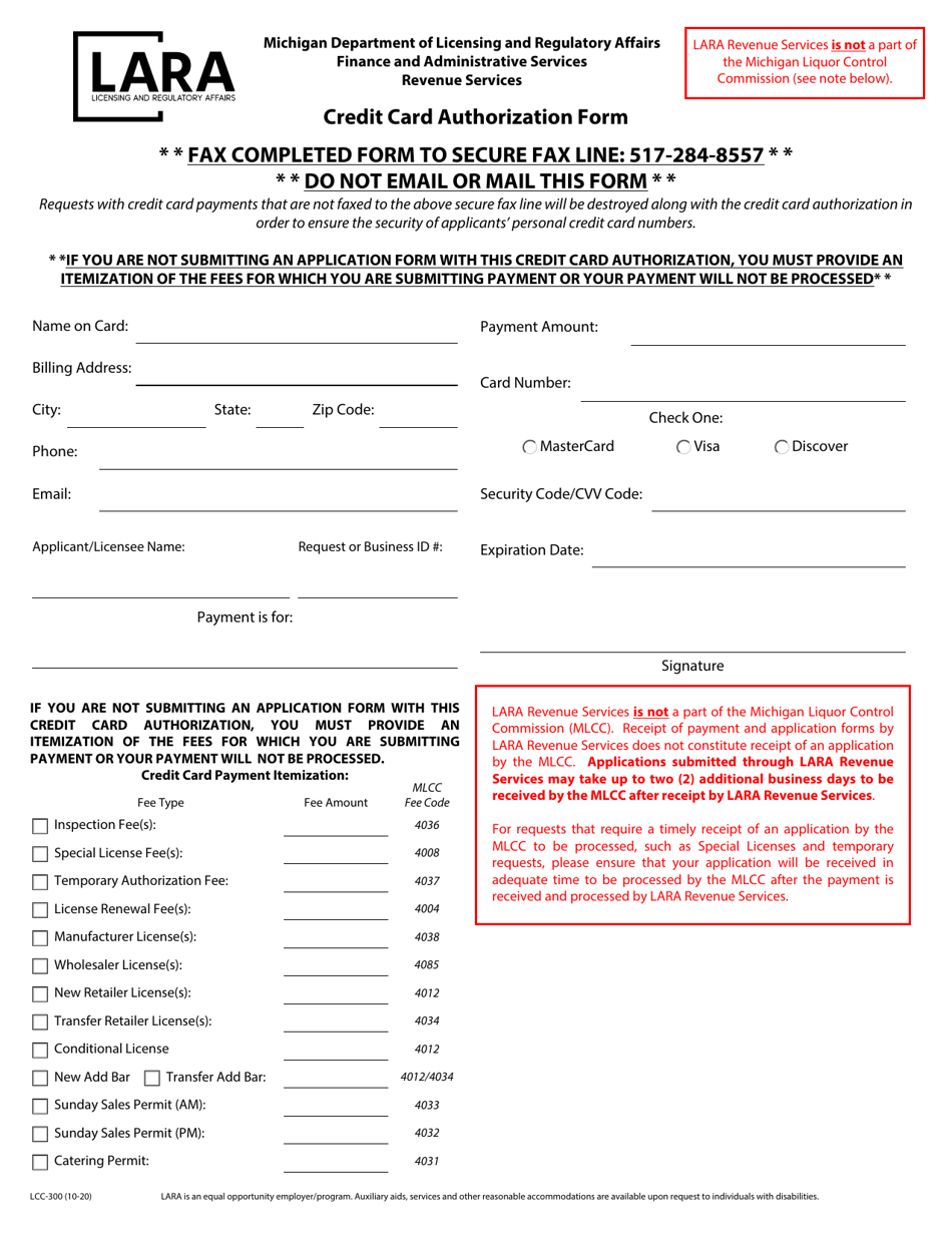 Form LCC-300 Credit Card Authorization Form - Michigan, Page 1