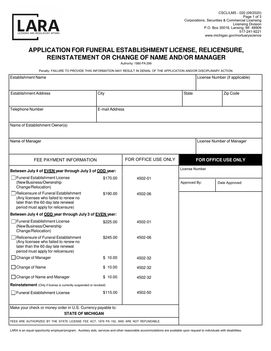 Form CSCL / LMS-020 Application for Funeral Establishment License, Relicensure, Reinstatement or Change of Name and / or Manager - Michigan, Page 1