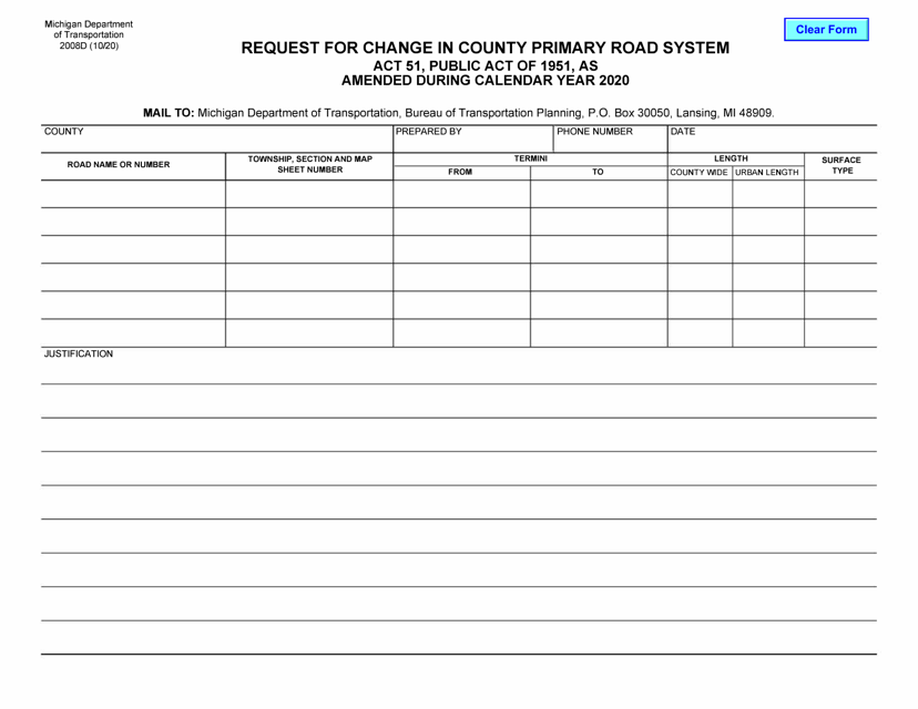 Form 2008D Request for Change in County Primary Road System - Michigan