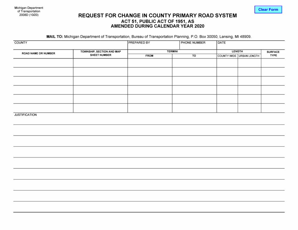 Form 2008D Request for Change in County Primary Road System - Michigan, Page 1
