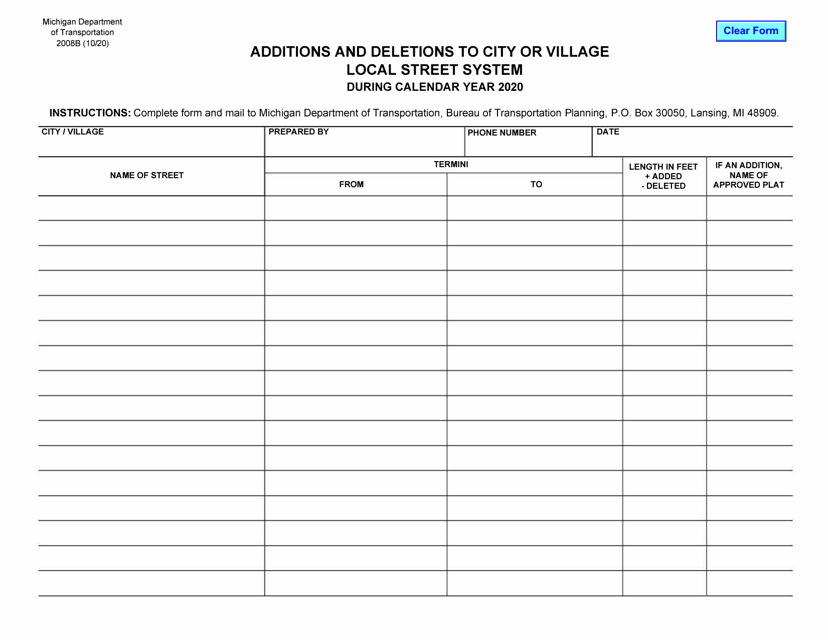 Form 2008B Additions and Deletions to City or Village Local Street System - Michigan, 2020