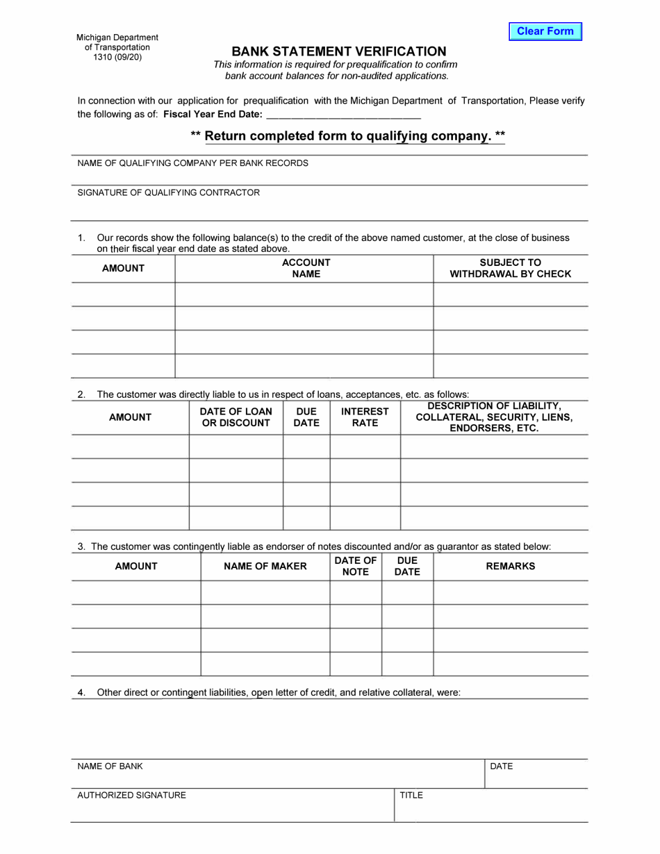 Form 1310 Bank Statement Verification - Michigan, Page 1