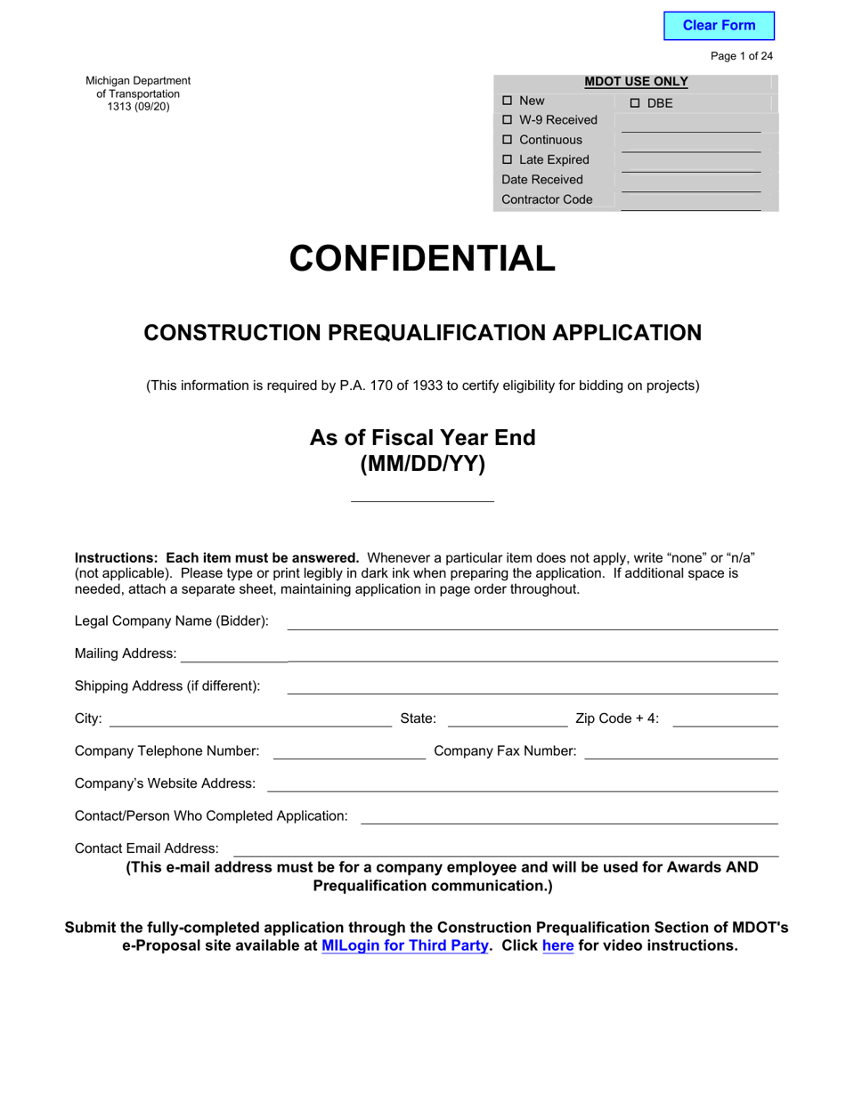Form 1313 Construction Prequalification Application - Michigan, Page 1