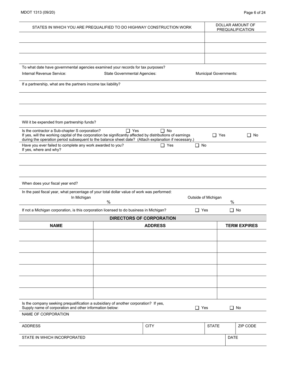 Form 1313 Construction Prequalification Application - Michigan, Page 6