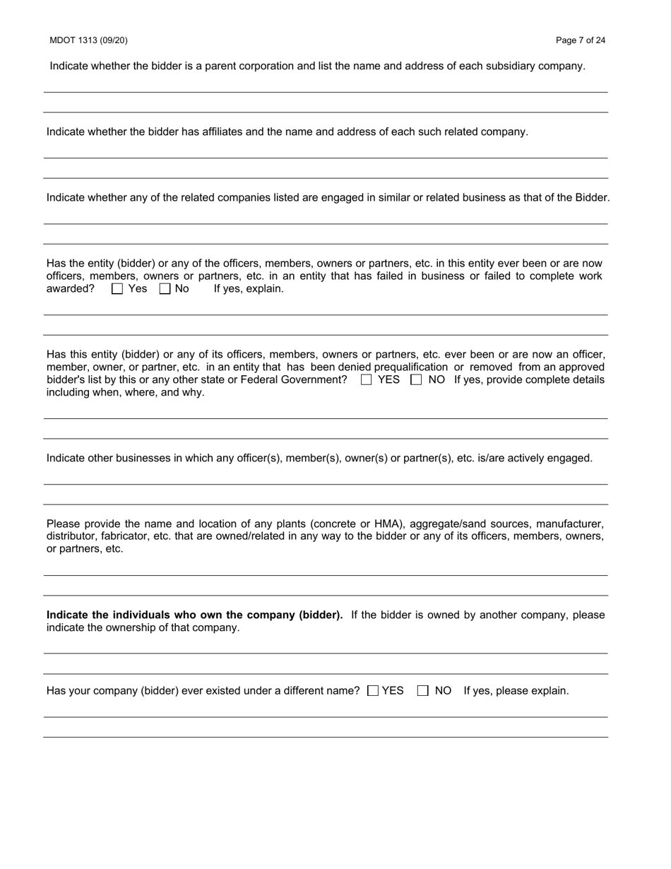 Form 1313 Construction Prequalification Application - Michigan, Page 7