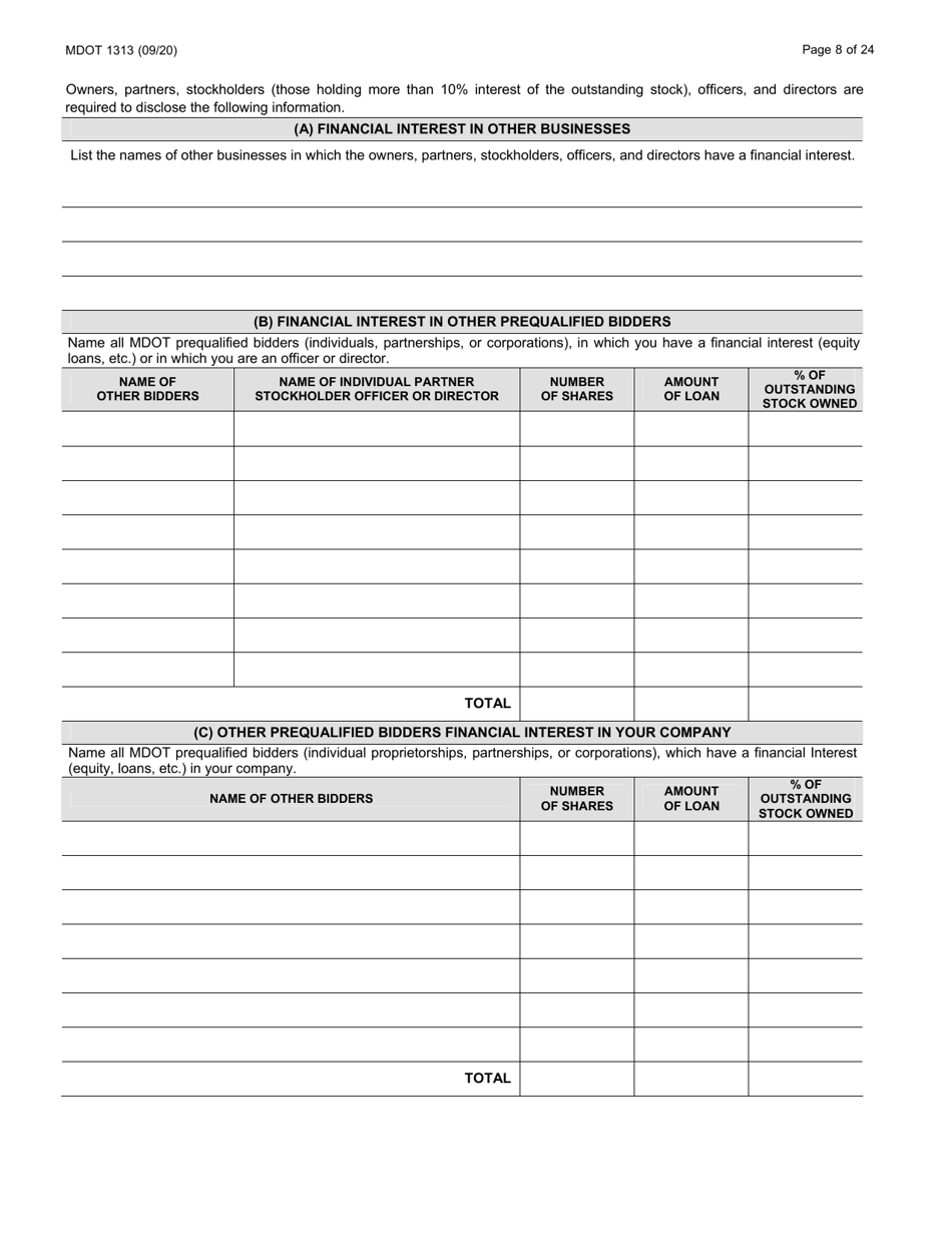 Form 1313 Construction Prequalification Application - Michigan, Page 8