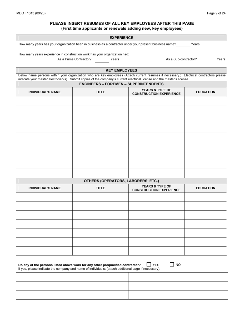 Form 1313 Construction Prequalification Application - Michigan, Page 9