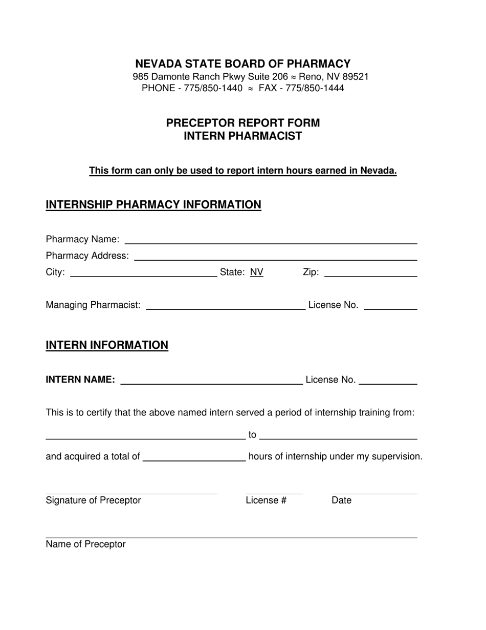 Preceptor Report Form Intern Pharmacist - Nevada, Page 1