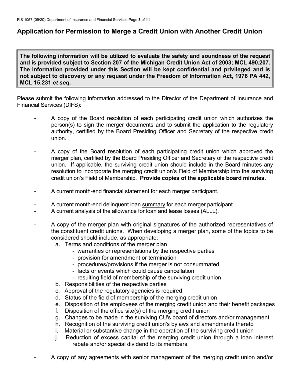 Form FIS1057 Application for Permission to Merge a Credit Union With Another Credit Union - Michigan, Page 3