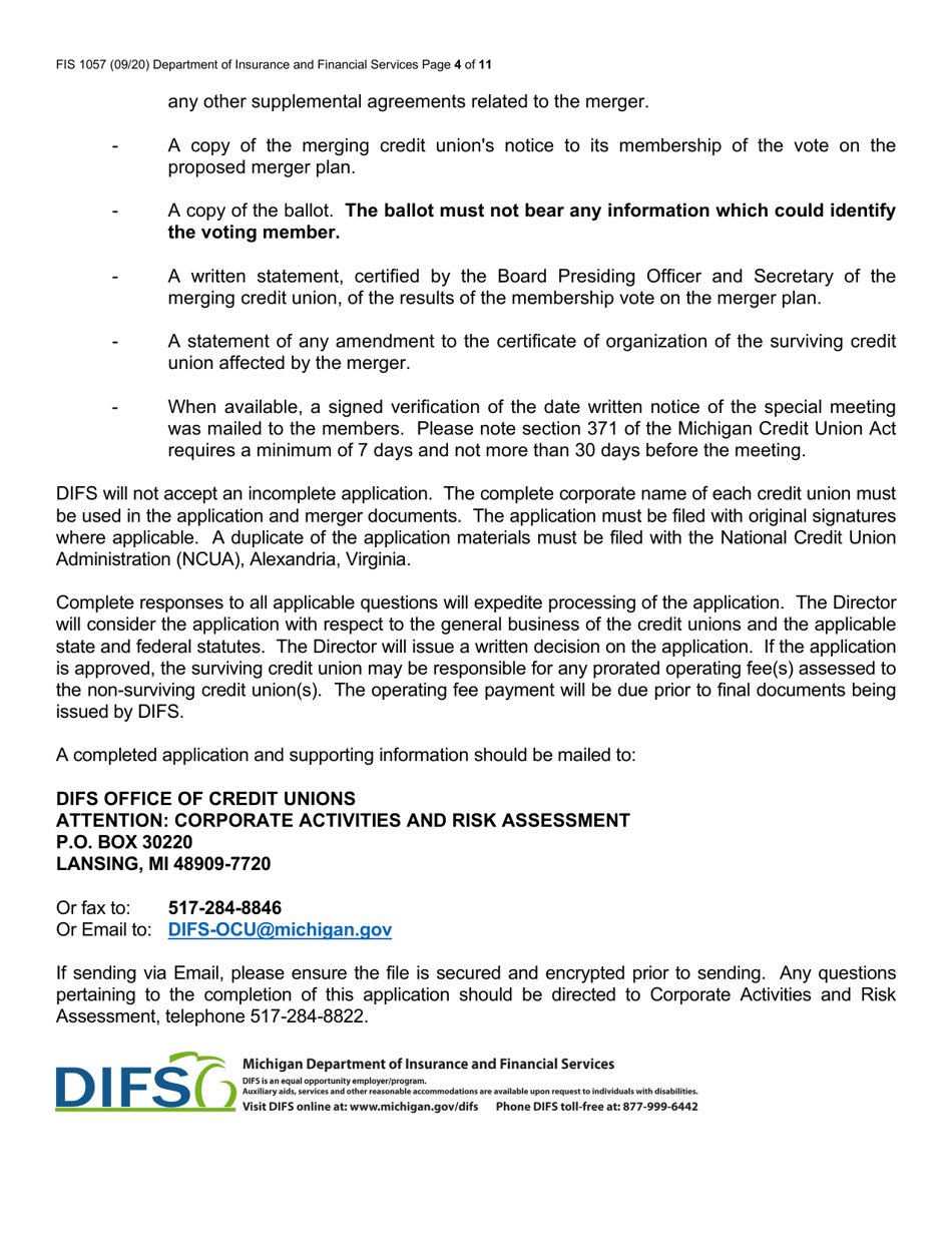 Form FIS1057 Application for Permission to Merge a Credit Union With Another Credit Union - Michigan, Page 4